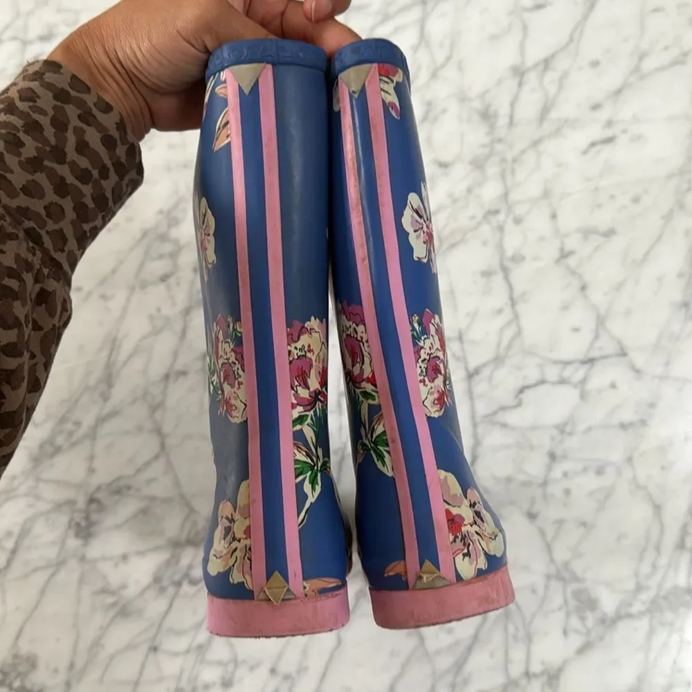 Joules Roll Up Blue Floral Wellingtons Rain boots Sz 3 Junior